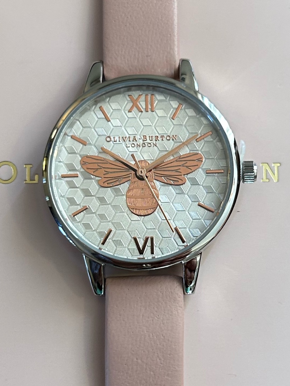 Olivia Burton Honey Bee Watch With 30mm Silver White Face & Pink Leather Band